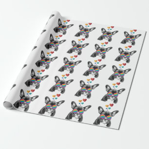 Papier Cadeau Bouledogue français avec coeurs Saint-Valentin