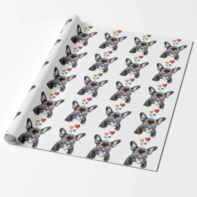 Papier Cadeau Bouledogue français avec coeurs Saint-Valentin (Déroulé)