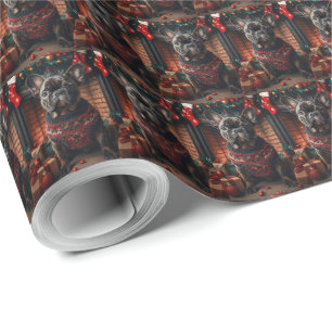 Papier Cadeau Bouledogue français avec des cadeaux de Noël chemi