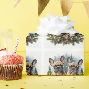 Papier Cadeau Bouledogue français  Couronne de Noël Bouledogue