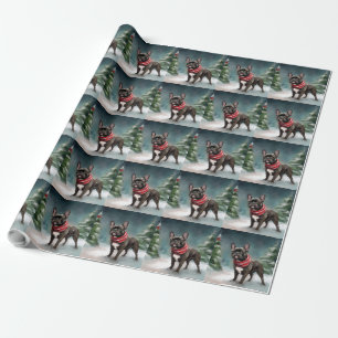 Papier Cadeau Bouledogue français dans la neige de Noël