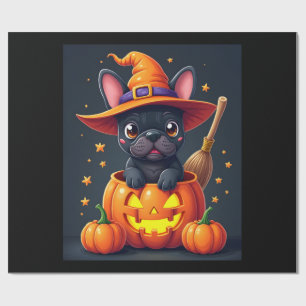 Papier Cadeau Bouledogue Français Sorcière Citrouille Halloween