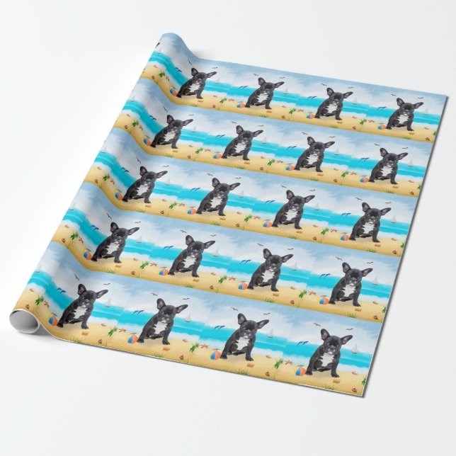 Papier Cadeau Bouledogue français sur la plage (Déroulé)