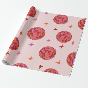 Papier Cadeau Boules de Disco Rétro Rose violet orange avec étoi