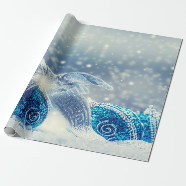 Papier Cadeau Boules de Noël bleues sous la neige (Déroulé)