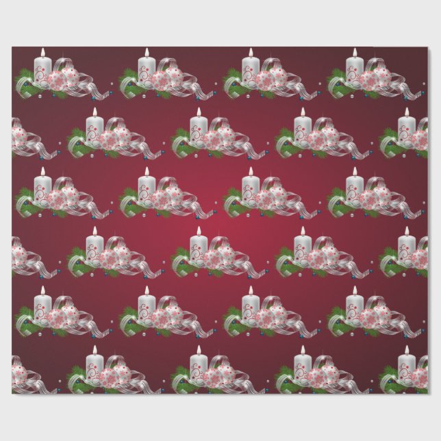 Papier Cadeau Boules de Noël, Bougie Rouge de Fêtes (Plat)