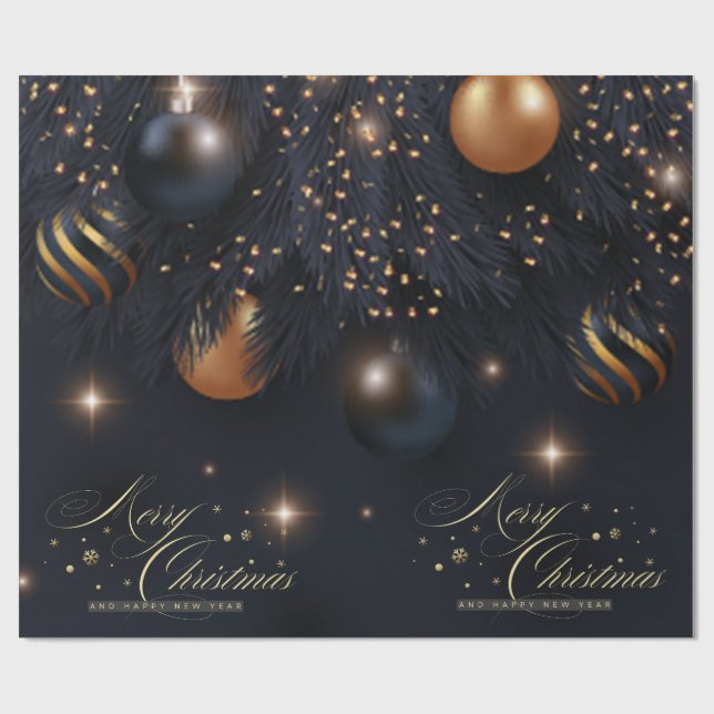 Papier Cadeau Boules de Noël Branches de Pin Noir (Plat)