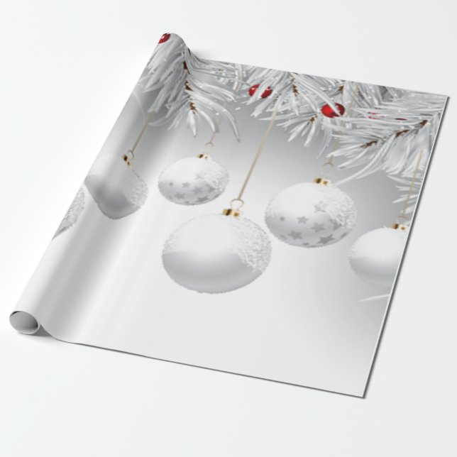 Papier Cadeau Boules de Noël élégantes blanches Fêtes  (Déroulé)