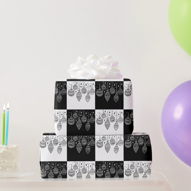 Papier Cadeau Boules de Noël noir et blanc festives  (Cadeaux de fête)