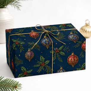 Papier Cadeau Boules de Noël vintage dorées ton bijou marine