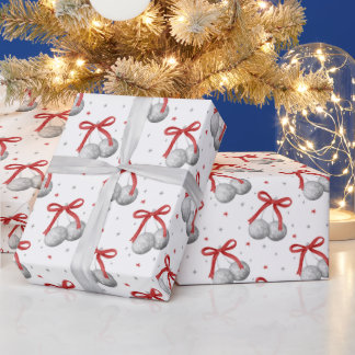 Papier Cadeau Boules disco argentées de Noël avec nœud rouge