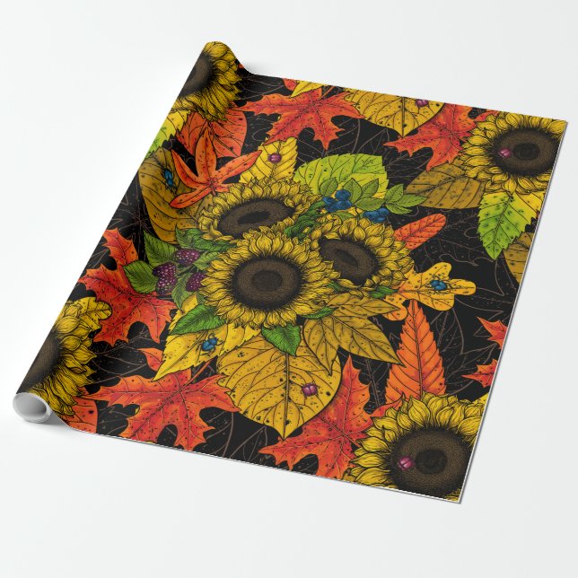 Papier Cadeau Bouquet d'automne noir (Déroulé)