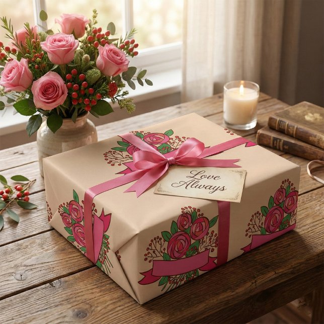 Papier Cadeau Bouquet de fleurs de rose rose élégant (Créateur téléchargé)