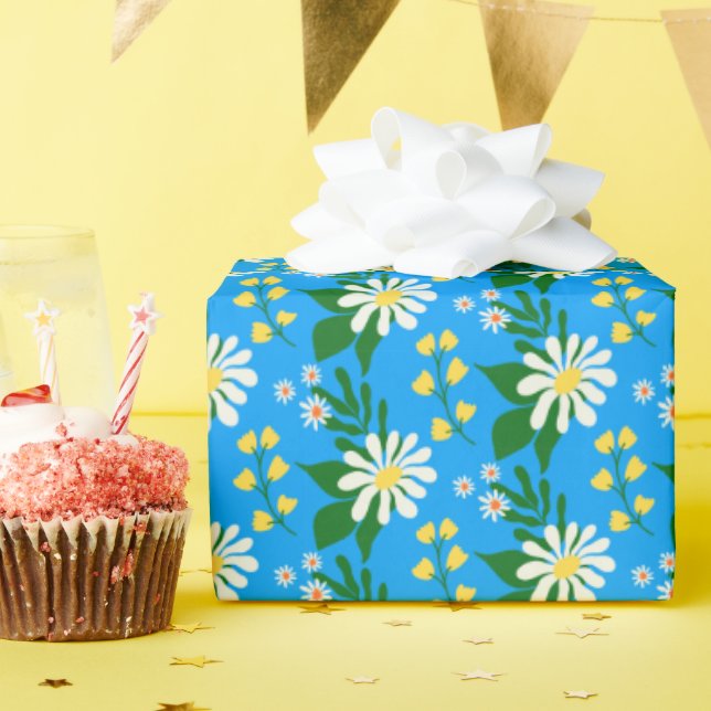 Papier Cadeau Bouquet de fleurs d'été en bleu (Fête d'anniversaire)