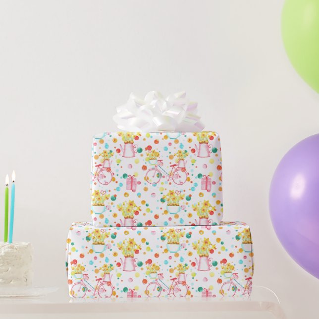 Papier Cadeau Bouquet de jonquilles de Pâques et vélo (Cadeaux de fête)