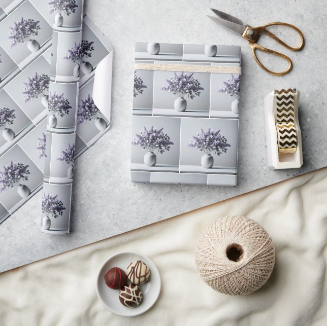 Papier Cadeau Bouquet de lilas violets et feuilles d'argent (Artisanat)