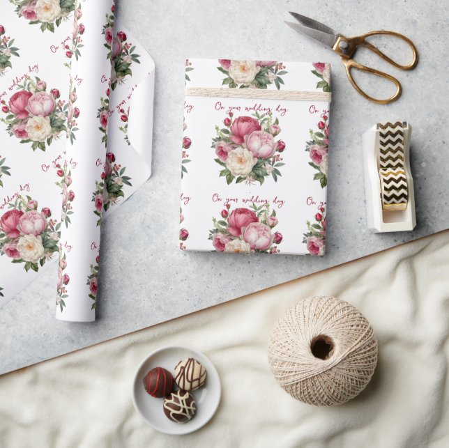 Papier Cadeau Bouquet de mariage avec pivoines roses, rouges et  (Artisanat)