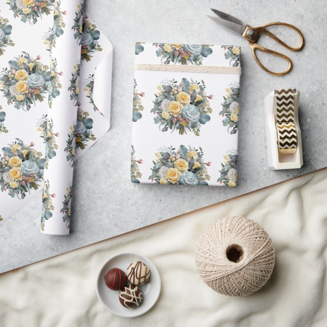 Papier Cadeau Bouquet de mariage Roses Bleues et Jaunes (Artisanat)