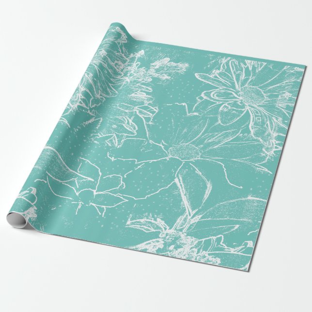 Papier Cadeau Bouquet floral blanc transparent - sarcelle (Déroulé)