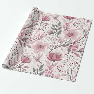 Papier Cadeau Bouquet floral rose avec accents de baies