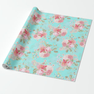 Papier Cadeau Bouquets de roses antiques par Redouté en bleu