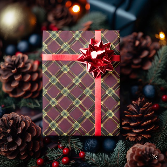 Papier Cadeau Bourgogne et Carreaux Dorés – Rustique Festif (Créateur téléchargé)