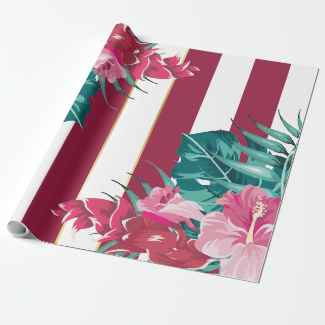 Papier Cadeau Bourgogne exotique Floral rayé (Déroulé)