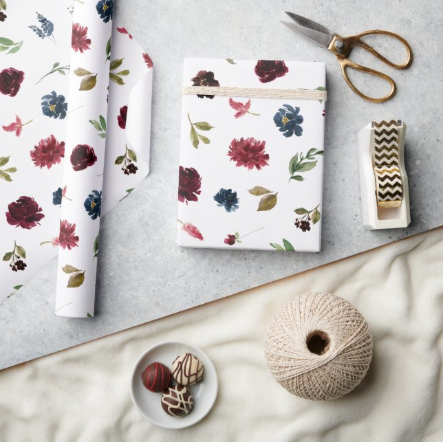 Papier Cadeau Bourgogne Floral Élégant Rustique Aquarelle Joli (Artisanat)