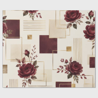 Papier Cadeau Bourgogne Floral Géométrique 