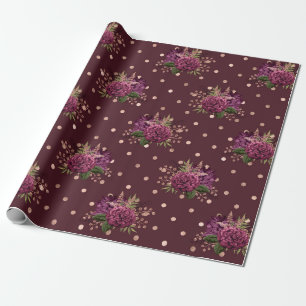 Papier Cadeau Bourgogne - Floral Marsala et Or Rose