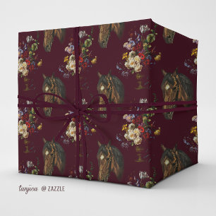 Papier Cadeau Bourgogne foncé Élégant Vintage Cheval Floral