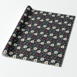 Papier Cadeau Bourgogne & Ivoire Floral sur Fond Noir