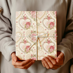 Papier Cadeau Bourgogne Ivoire Vintage Cœurs Frisés Roses Rustiq