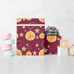 Papier Cadeau Bourgogne Oranges et Étoiles sur Fond Blanc d'Hive