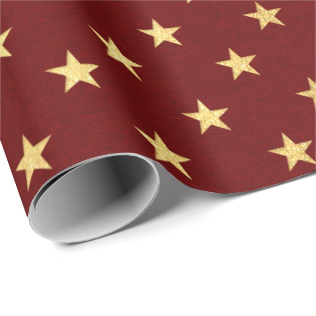 Papier Cadeau Bourgogne Red Maroon Gold Stars Vacances (Coin rond)