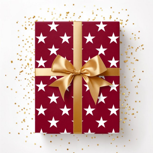 Papier Cadeau Bourgogne Rouge Blanc Étoiles Noël  (Burgundy Red White Stars Christmas Wrapping Paper)