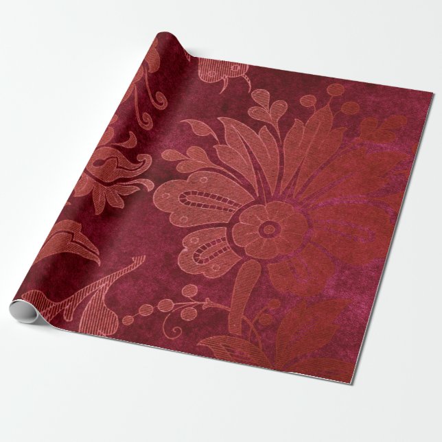 Papier Cadeau Bourgogne Rouge de Noël Damassé (Déroulé)