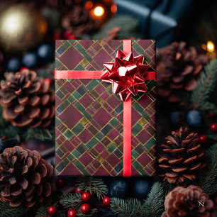 Papier Cadeau Bourgogne, Vert et Géométrique à carreaux jaune