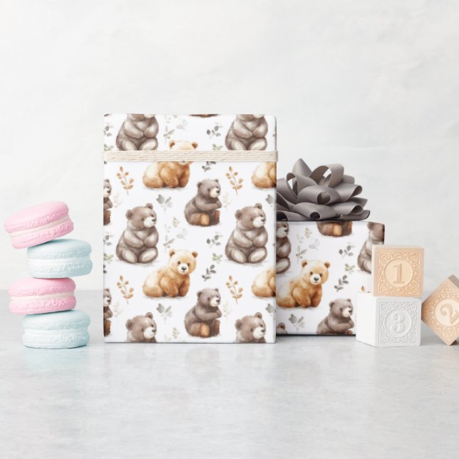 Papier Cadeau Bours Brown mignons en blanc (Baby Shower)