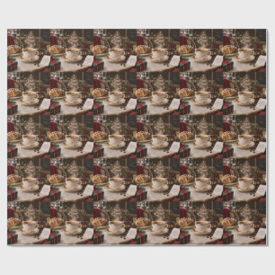 Papier Cadeau Boutique de café de Noël avec maison festive vinta