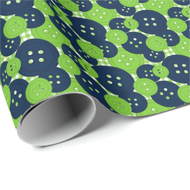 Papier Cadeau Boutons Navy & Lime Gingham - Salle de Couture & C (Coin rond)