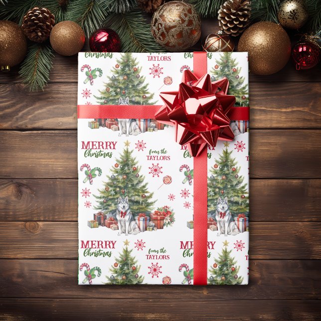 Papier Cadeau Bow rouge Sibérien Husky Chien de vacances arbre (Créateur téléchargé)