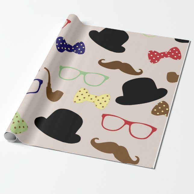 Papier Cadeau Bowler Casquette Pipes Verres Moustaches Pour Lui (Déroulé)