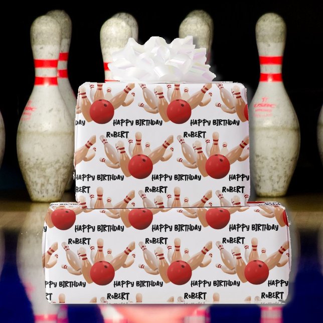 Papier Cadeau Bowling Ball et Pins Grève ! Ajouter un nom Annive (Créateur téléchargé)