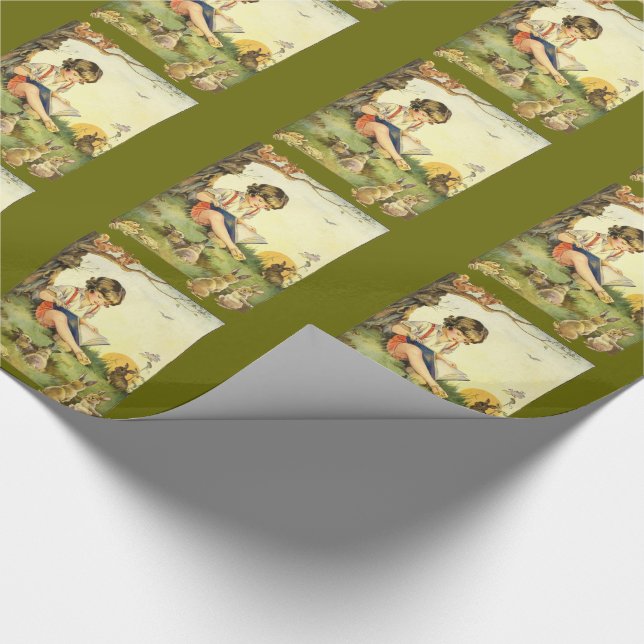 Papier Cadeau Boy reading under tree with rabbits (Coin)