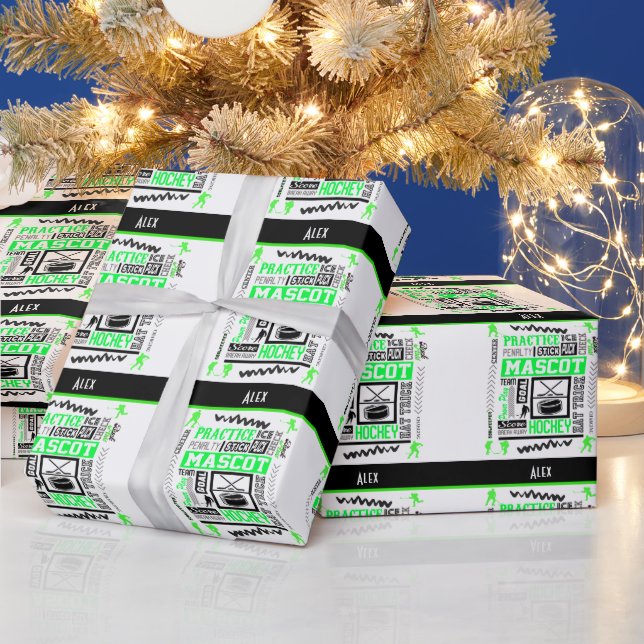 Papier Cadeau Boys Hockey Terminologie Personnalisée Neon Green (Vacances)