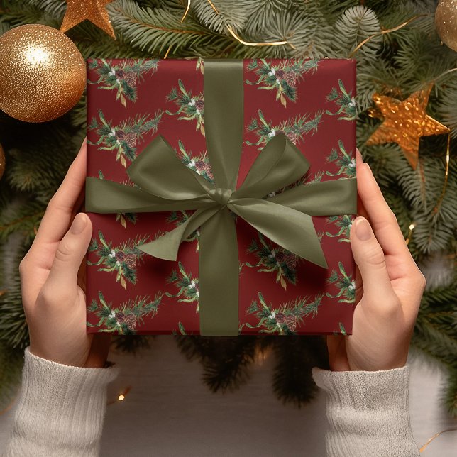 Papier Cadeau Branche À feuillage persistant d'aquarelle sur la  (Créateur téléchargé)