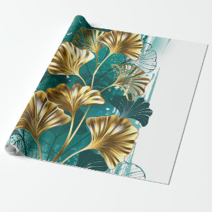 Papier Cadeau Branche avec Feuilles d'or Ginko Biloba