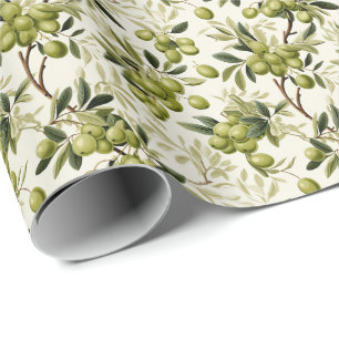 Papier Cadeau Branche de feuille d'olive verte motif méditerrané