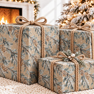 Papier Cadeau Branche de genévrier bleue enneigée Kraft rustique